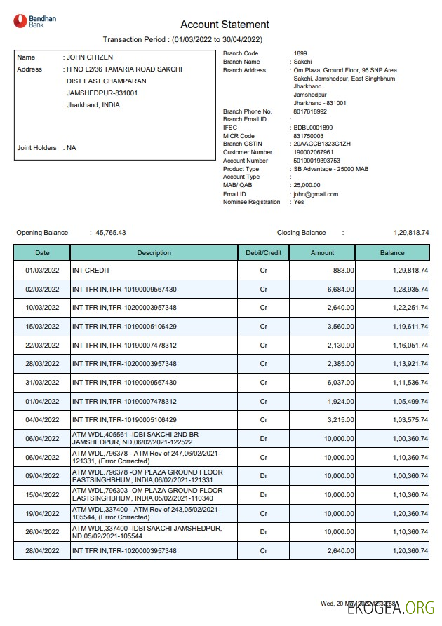 Relevé bancaire de Bandhan en Inde